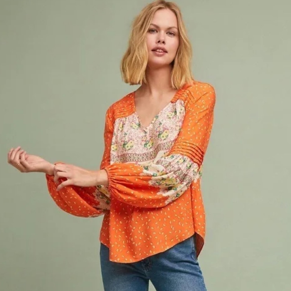 Anthropologie Maeve Ceresco Orange Peasant Top Size Medium